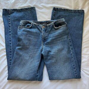 PrettyLittleThing mid blue wash low rise wide leg jeans